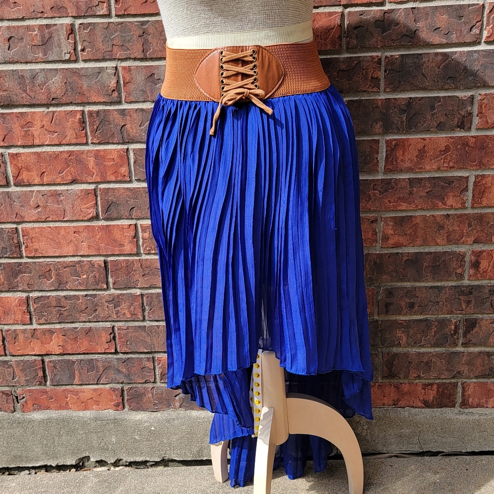 BB Couture Womens Large Skirt Hi Low Cobalt Blue Accordion Pleat Brown
